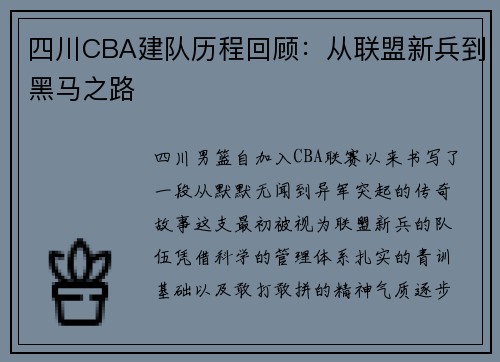 四川CBA建队历程回顾：从联盟新兵到黑马之路