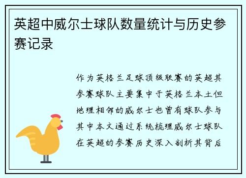 英超中威尔士球队数量统计与历史参赛记录